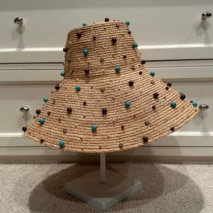 Lele Sadoughi “NATURAL TURQUOISE EMBELLISHED STRAW SUN HAT”